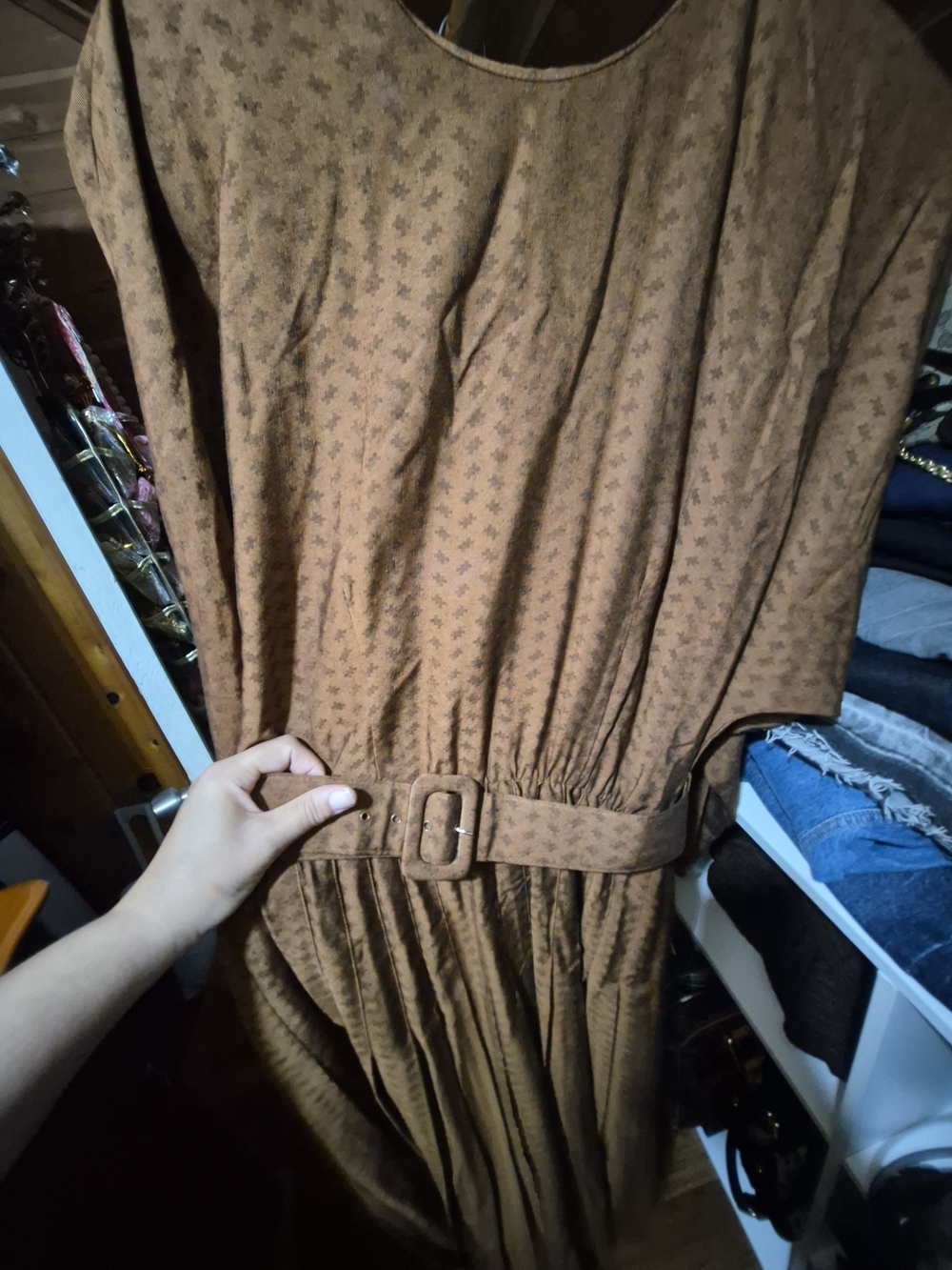 Vintage Brown Long Sleeve Belted Dress